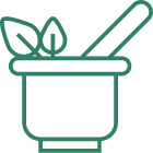 A green mortar and pestle icon on a black background representing holistic therapy. atma acupuncture